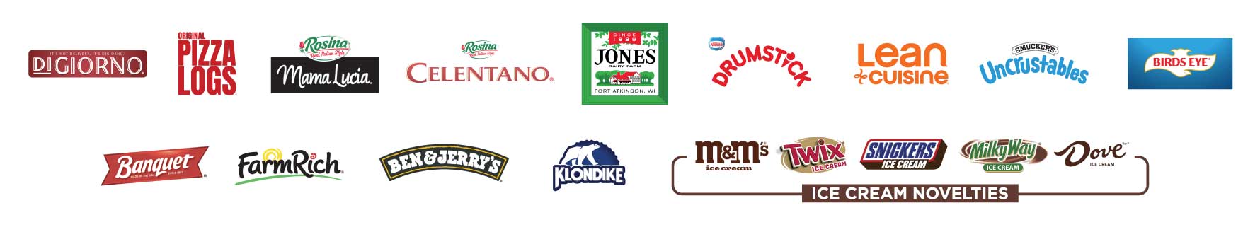 Participating Brands: Banquet, Ben & Jerry's, Birds Eye, Celentano, DiGiorno, Drumstick, Farm Rich, Hillshire, Jones, Klondike, Lean Cuisine, Mars Ice Cream Bars, Original Logs, Rosina, and Uncrustables.